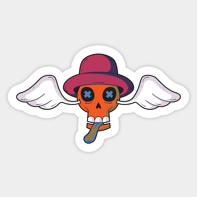 skull head with hat and wings and tongue sticking out Sticker by dadudoz